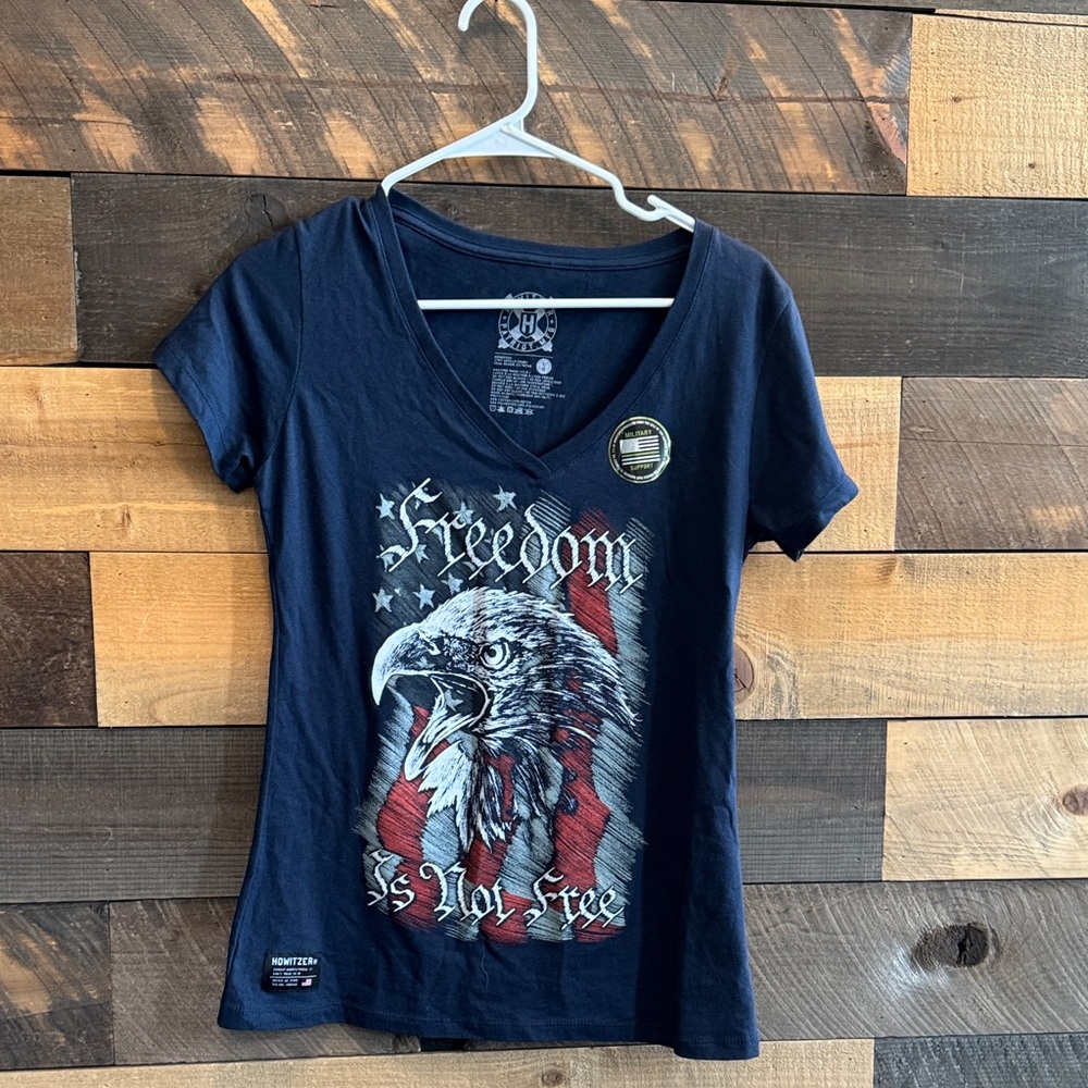 Women’s Navy V-Neck Graphic Tee with Eagle & Flag - Freedom